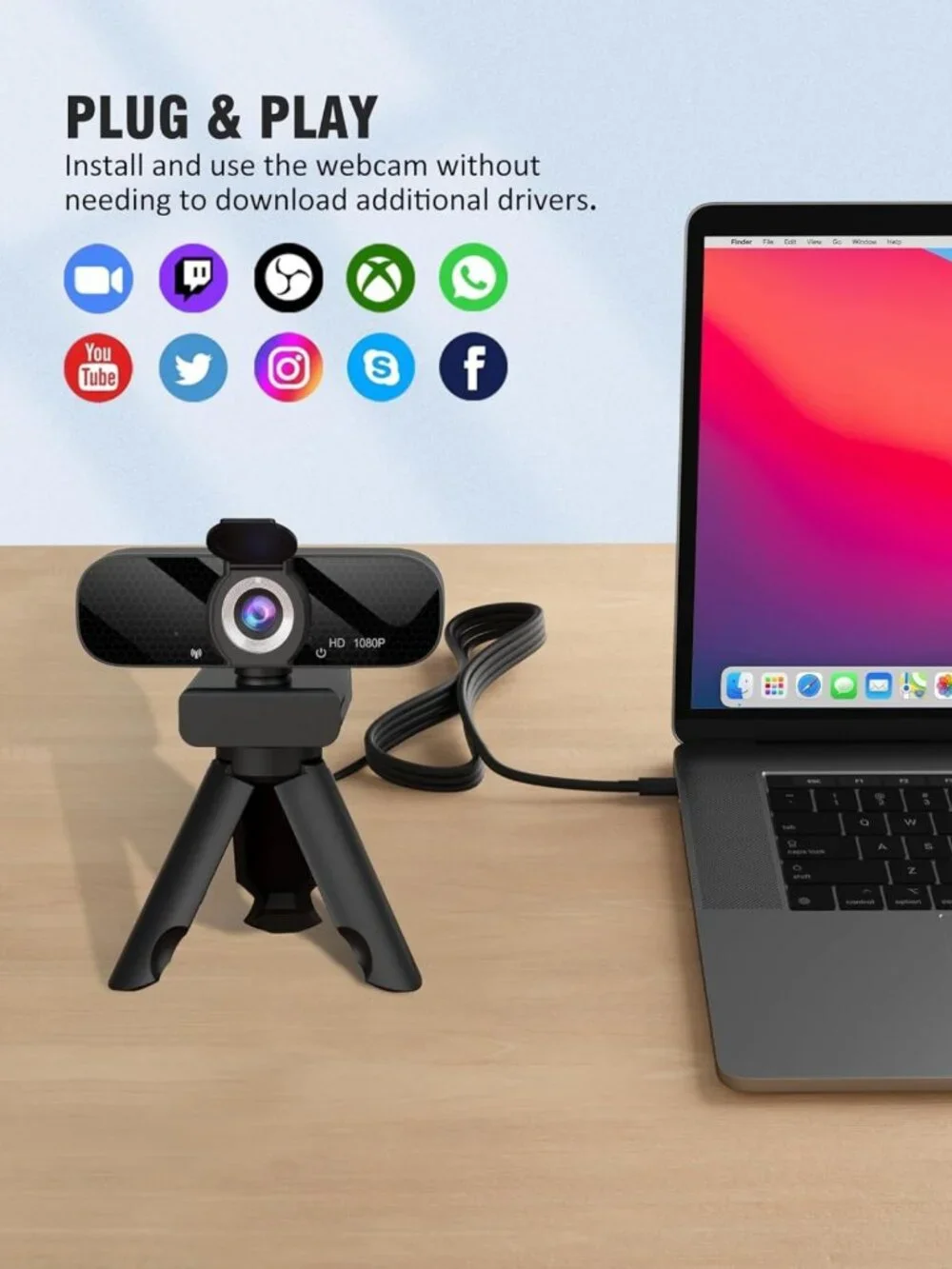 HD 1080P Webcam with Microphone, Rotatable Tripod & Privacy Cover for PC/Laptop